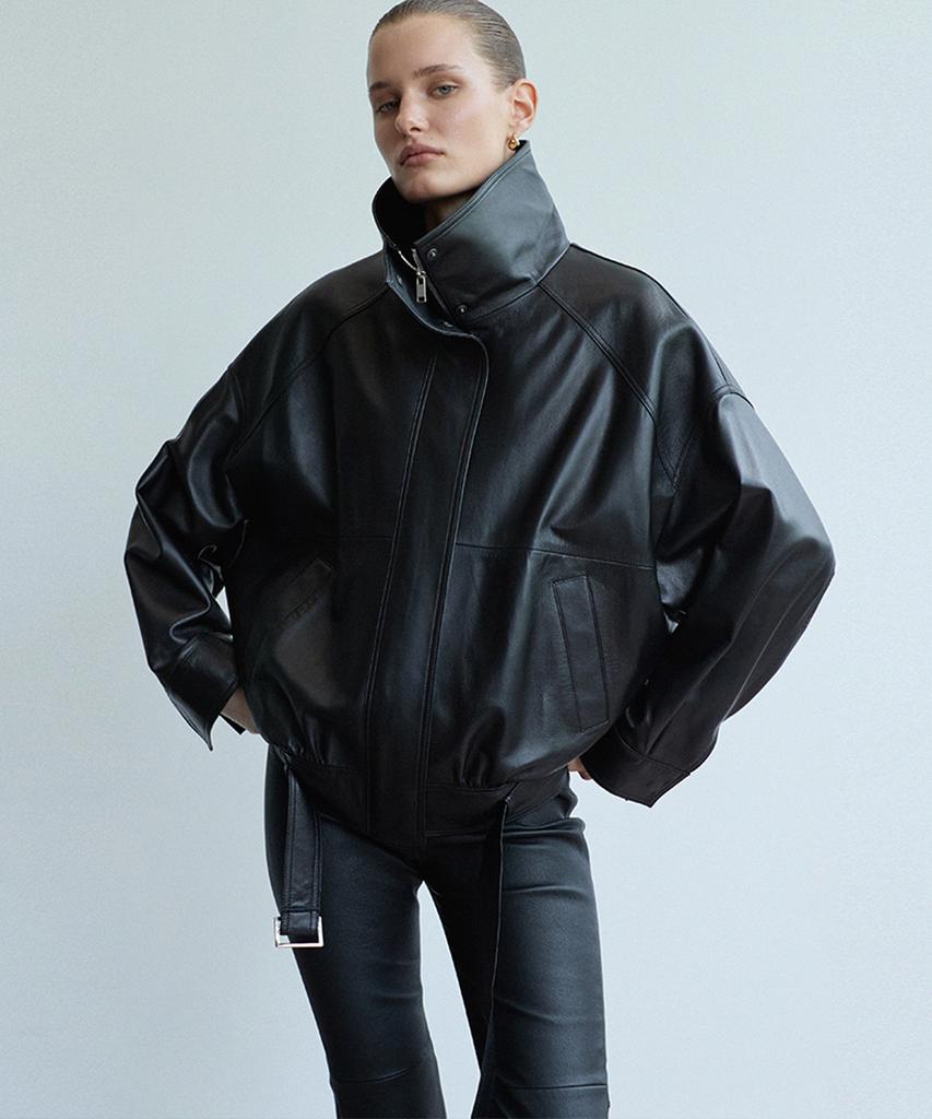 VERDEMAR High-Neck Belted Leather Blouson_Black