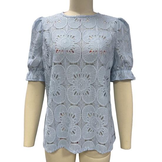 Yousheng Women Tops Round Neck Puff Short Sleeve Hollow Lace Pullover Tops Solid Color Loose Fit Summer T-shirt