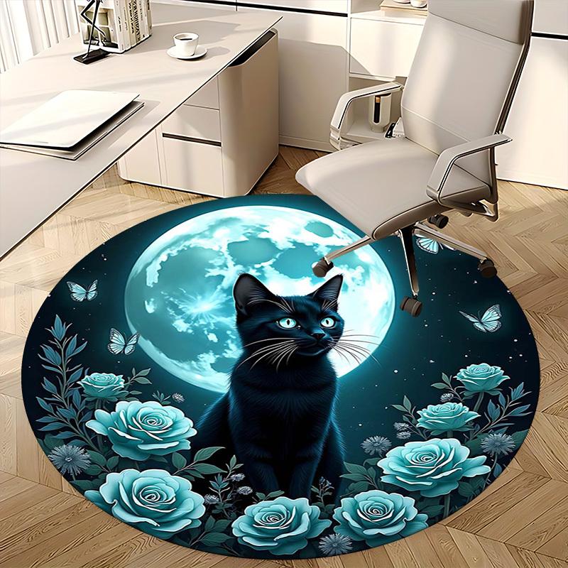 1pc Anime Design Round Carpet Blue Rose & Butterfly Moon Office Chair Mat, Non Slip Rug for Home Decor, All Seasons