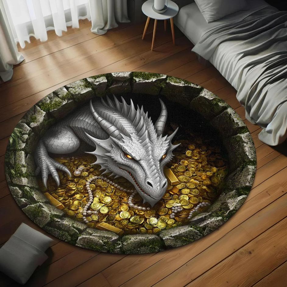 

One Fantasy Dragon Hoard Round Rug Non Slip Machine Washable Living Room Office Entryway Balcony Rugs of Home Living Room 80x80cm
