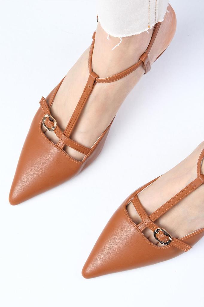 Tan Color Open Back Strappy Women's Heeled Shoes
