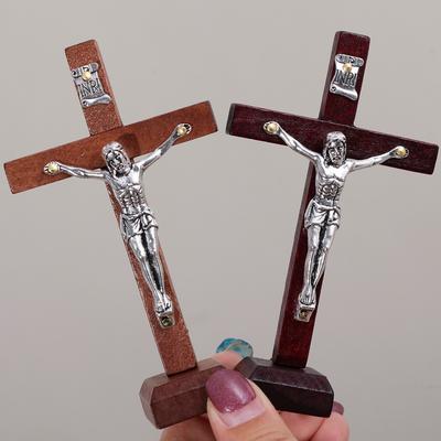 Wooden Jesus Figurine Cross Stand Ornament Vintage Christian Crucifix Home Church Decor Religious Shelf Ornament Catholic Gift