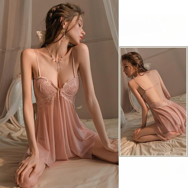 Front Buttoned Sexy Nightdress Panty Set with Steel Ring for Women Sexy Hollow Lace Pajamas Mesh See-through Suspender Nightdress