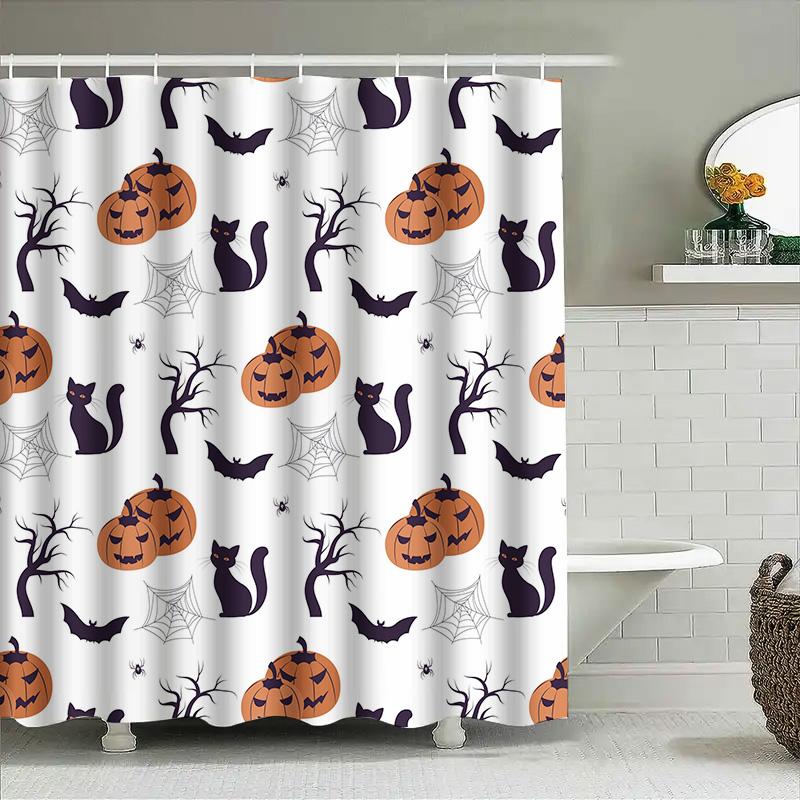 Halloween Decor Shower Curtain Halloween Pumpkin Cats Black Spiders White Bath Mat Waterproof Bathroom Curtains Customizable
