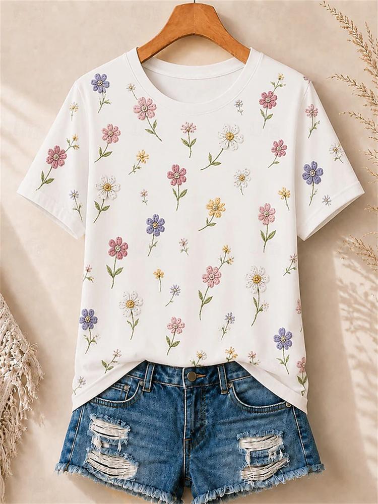 Women's Simple and Versatile Casual Short-Sleeve Floral Print Round-Neck Elegant T-Shirt Stylish Loose-Fitting Women's Top