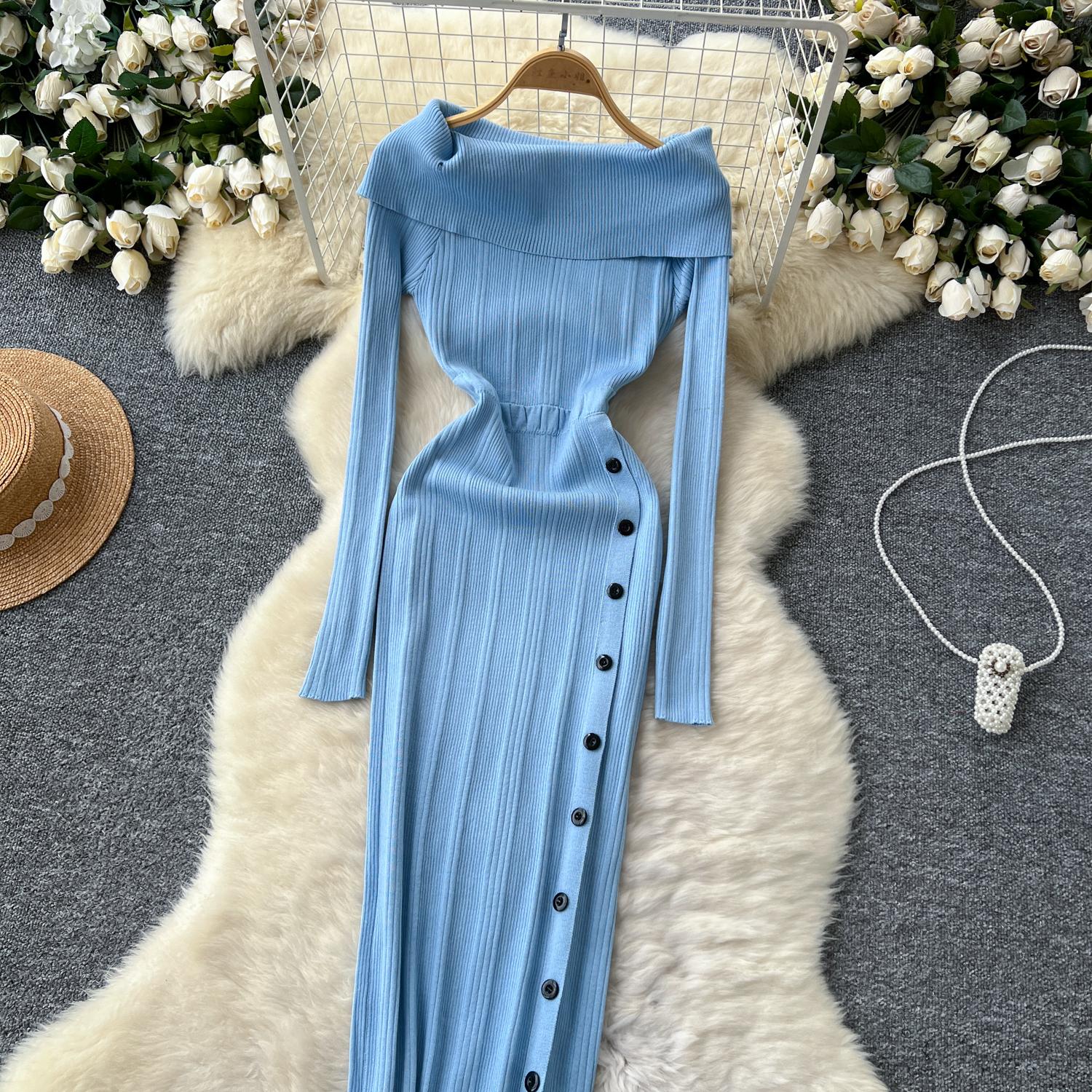 Трикотажные длинные платья для женщин с вырезом-лодочкой и открытыми плечами — фото 22