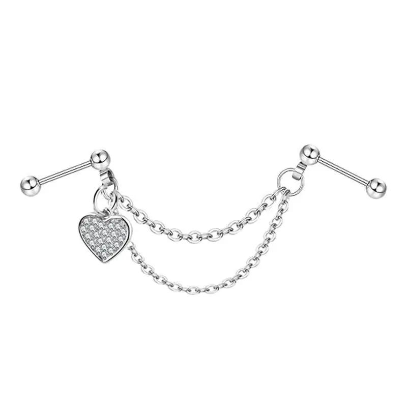 Screw Ball Fashion Piercing Earrings Stainless Steel L Chain Zircon Moon Heart-shaped Earbone Stud