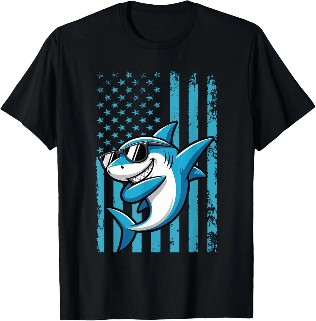 Cool Shark Wearing Sunglasses Patriotic American Flag Graphic T Shirt Summer Trip Cotton Tee