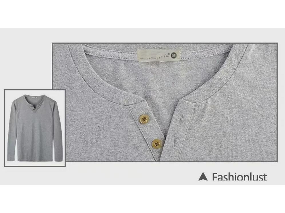 Men's Korean Style V-neck Two-Button Long-Sleeve Slim-Fit Cotton T-Shirt
