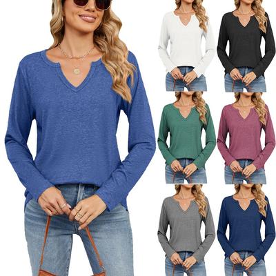 Elegant and Classic Versatile and Comfortable Autumn and Winter V-neck Color Cotton Solid Color Long-sleeved Loose T-shirt Tops Female Long Sleeve Top