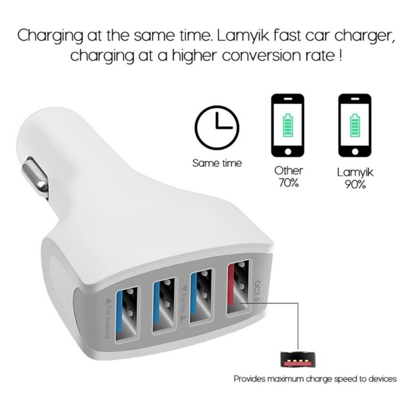 Portable 4 Port Car Charger Quick Charging Adapter USB Car Socket Adapter with Cord for Car Truck Navigation Cameras