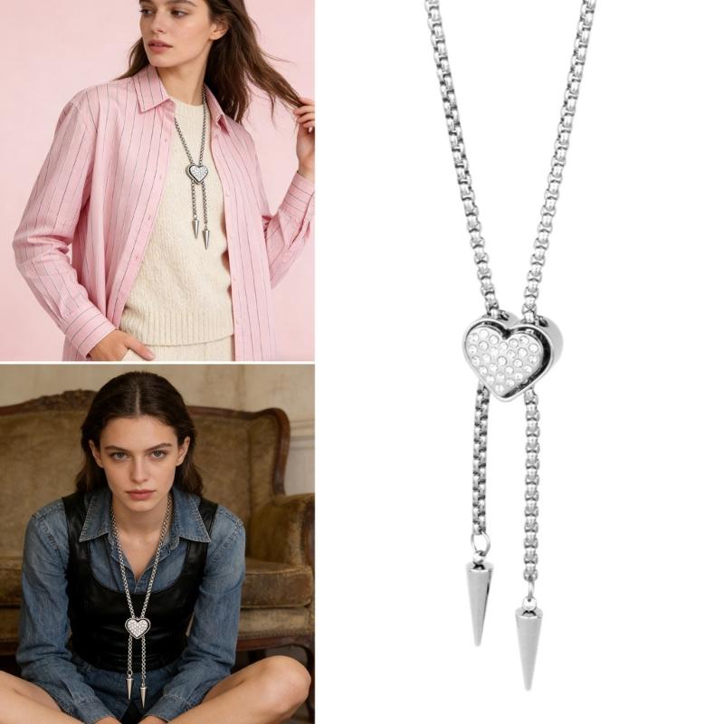 Elegant Heart Shaped Neckwear Rhinestones Accented Unisex Stainless Steel Necklace Slidable for Gifting and Daily Use