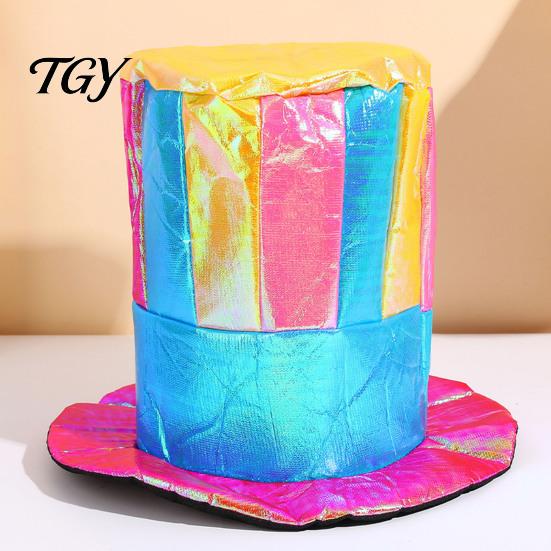 Circus Clown Stage Prop Magician Top Hat, Colorful Glossy Wide Brim Retro Striped Hat for Halloween Costume, Mardi Gras, Cosplay Party Accessories