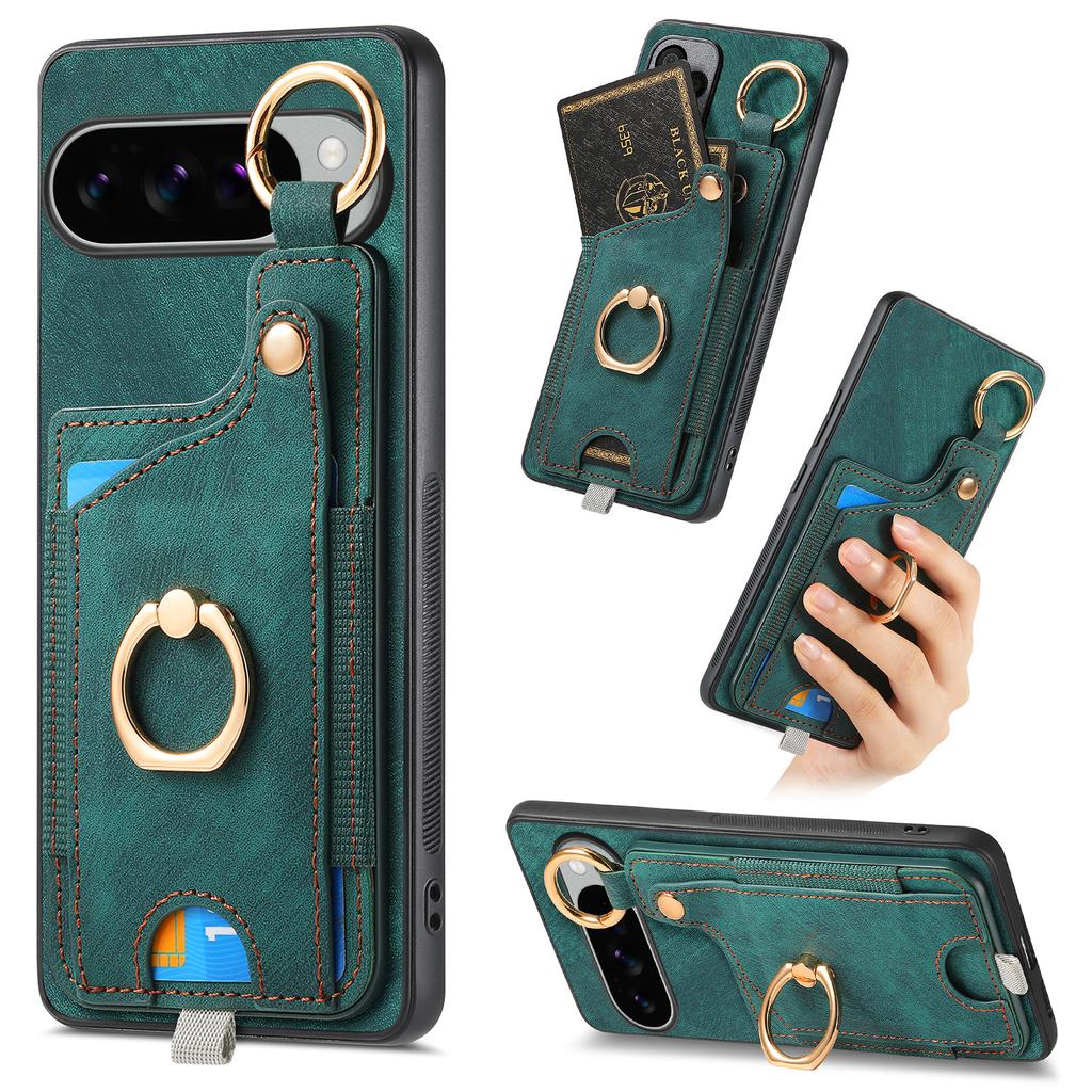 Dla Google Pixel 10 Pro XL Pokrowiec na tył telefonu z retro skóry z przegródkami na karty i uchwytem pierścieniowym