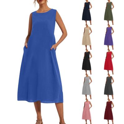 Women's Fashion Summer Solid Color Loose Sleeveless Loose Fitting Medium Length Dress