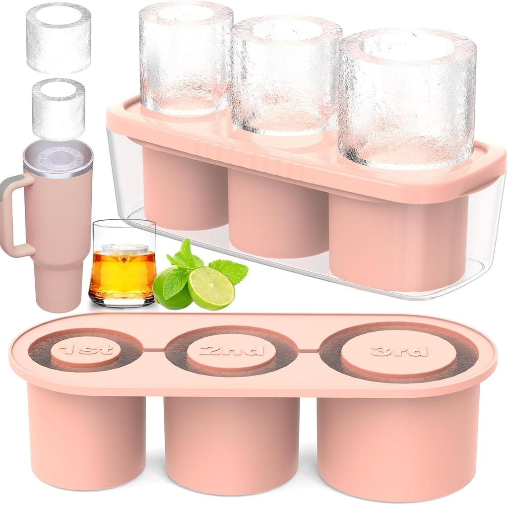 Ice Cube Tray for Tumbler Cup 30Oz-40Oz, 3 Pcs Silicone Cylinder Ice Mold with Lid and Bin for Freezer, Easy Fill and Release Ice Maker
