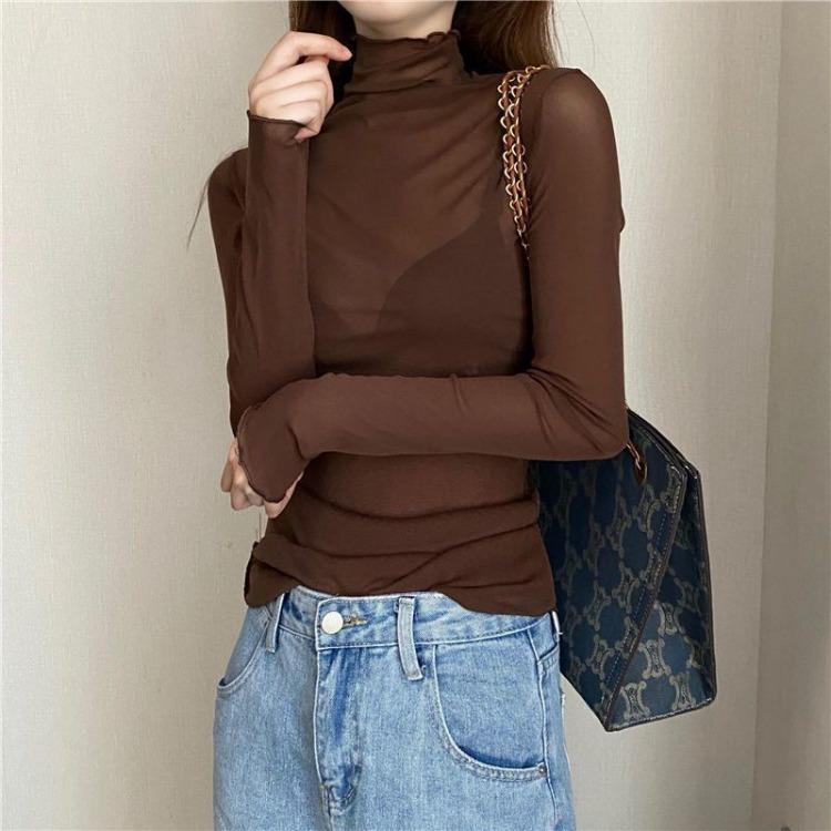 Plus-size Women’s High-neck Sun-protective Mesh Undershirt Sexy Sheer Long-sleeved T-shirt for Spring and Autumn