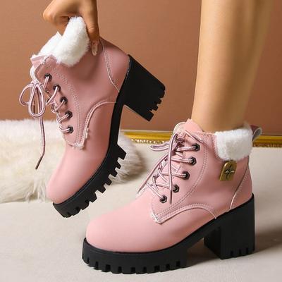 Botas de nieve de plataforma anchas para mujer - Botas de invierno con tacón grueso y cordones, forro de felpa, botas Martin aislantes de moda