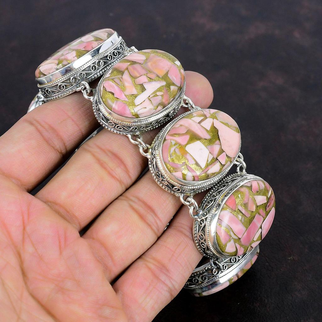 Copper Pink Opal Bracelet 925 Sterling Silver Bracelet Vintage Jewelry Adjustable Chain Bracelet Gemstone Handmade Bracelet Engagement Gifts