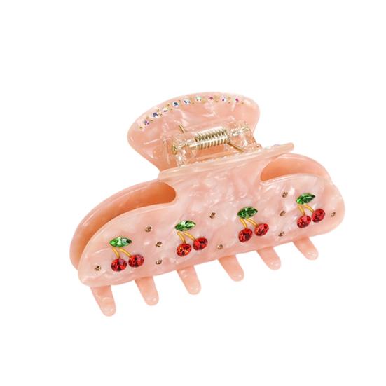 

Hair Clip Sparkling Rhinestones Inlaid Cherry Decorative Pattern Back Head Hair Claw Large Wide Tooth Design Smooth Large Shark Clip рожевий