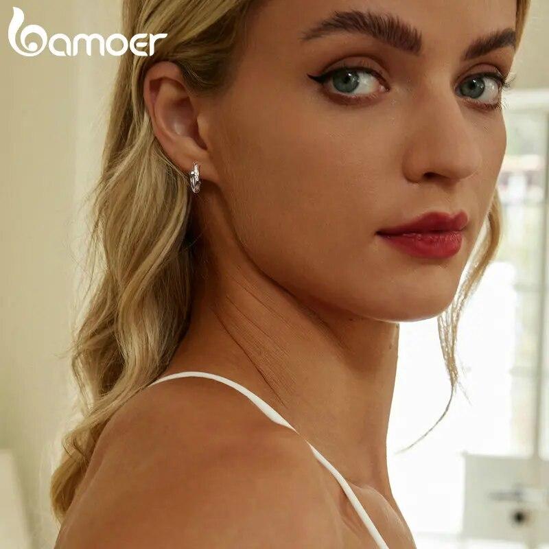 BAMOER 925 Sterling Silver Classic Heart-shaped Ear Buckles Opal Hypoallergenic Hoop Earrings for Women Fine Jewelry Gift