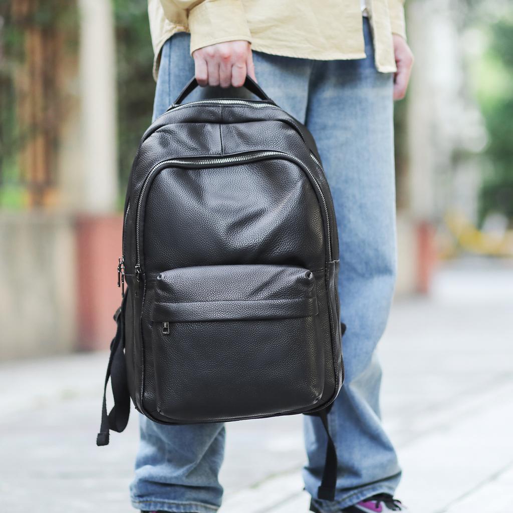 Real Leather New Top Layer Leather Casual Men's Backpack Black Trendy Cool Leather Outdoor Backpack Motorcycle Bag