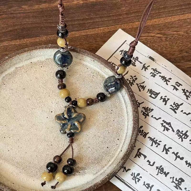 New Chinese ethnic style retro bohemian Jingdezhen ceramic braided rope necklace high-end female Zen accessories