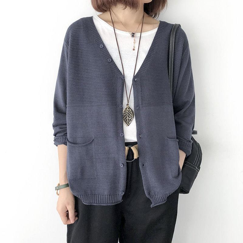 Spring and Autumn Loose V-neck Long Sleeved Knitted Cardigan Women's Top Autumn Thin Sweater Women's Coat