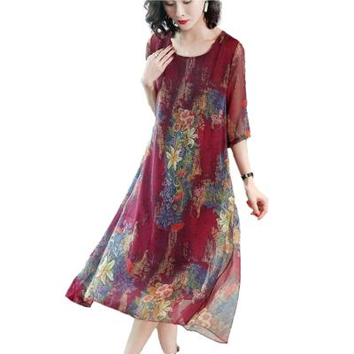 Chiffonkleid für Blume rund asymmetrisch gemustertes Oberteil locker schlank seidig bedruckt ganzflächig Koreanisch um die transparent gefütterten Frauen, A-Linie, Druck,