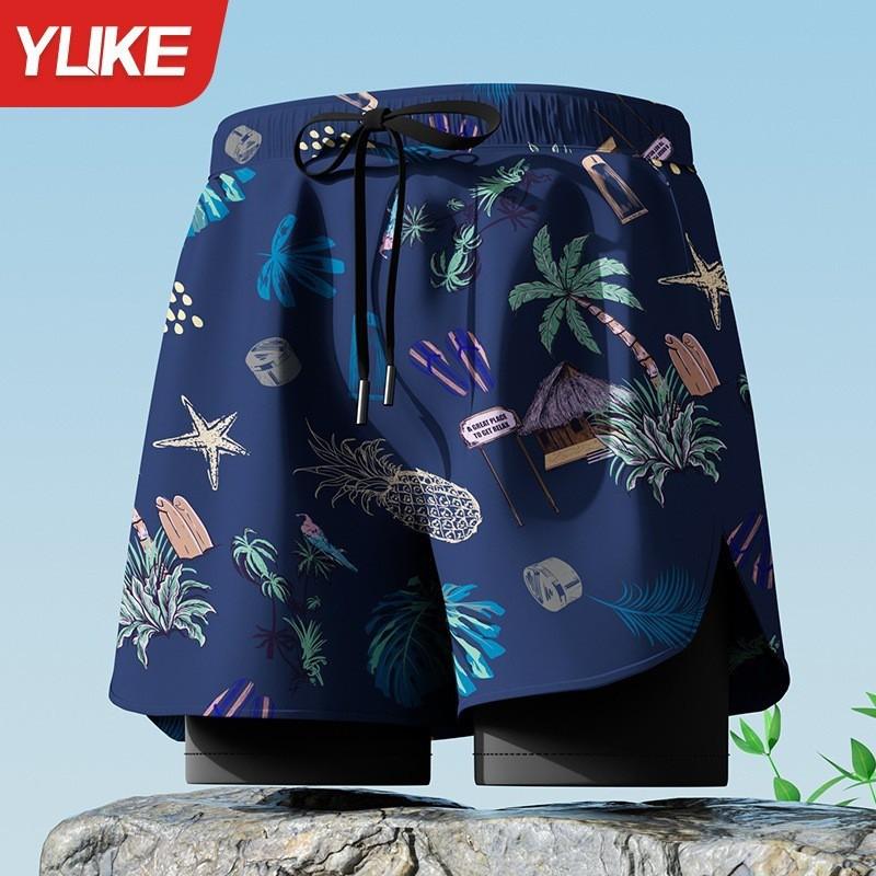 Mens Double-Layered Board Shorts Swim Trunks Beach Swimming Surfing Quick-Dry Anti-Chafe Athletic Swimwear