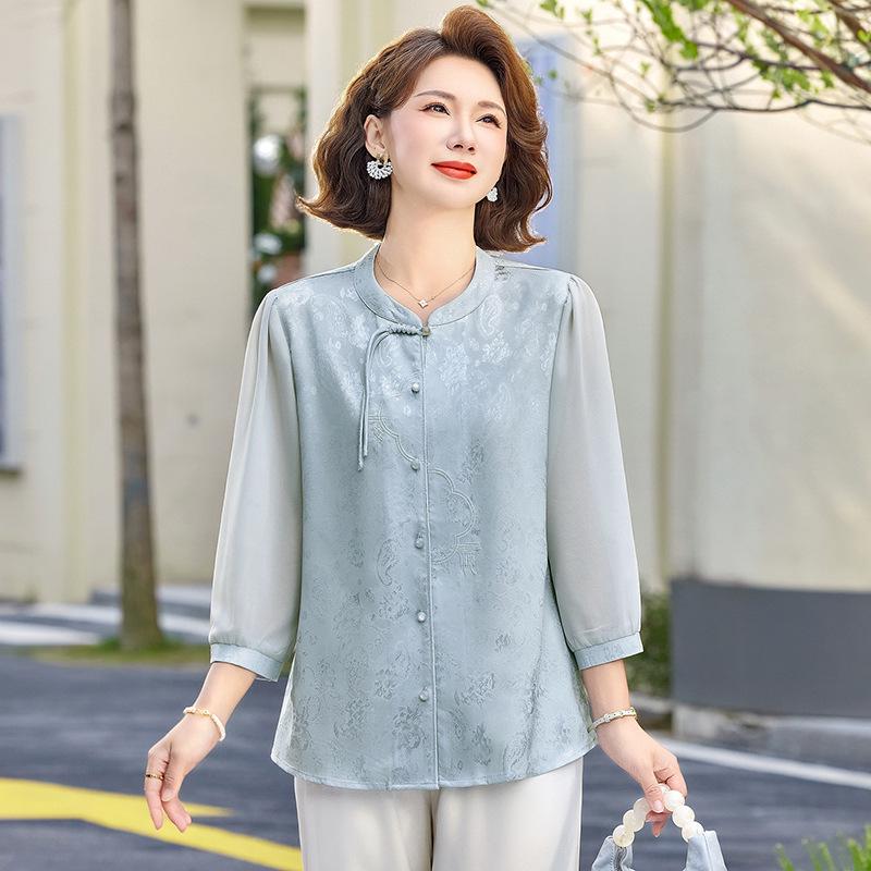 

Elegant Chinese Style Spring-Summer Top for Middle-Aged and Elderly Women - 2025 Collection 2XL (105-120 Jin) синій