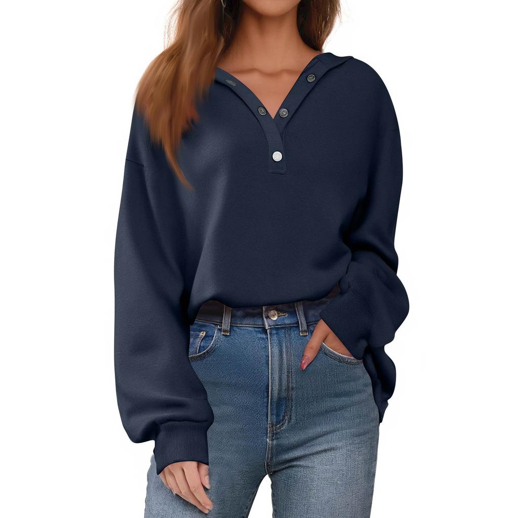 Dameknapp Ensfarvet Pullover Topper Casual Langermet Sweatshirts