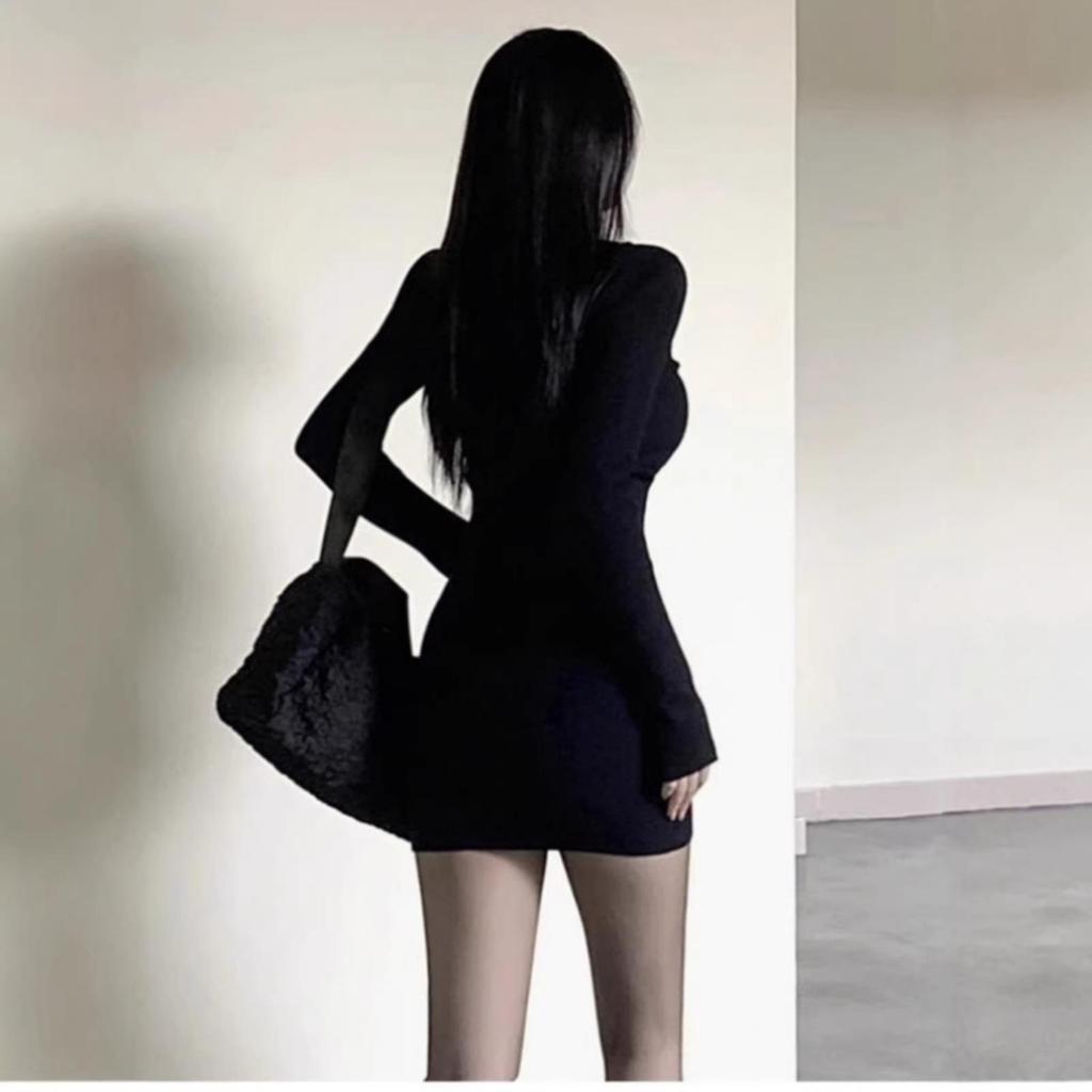 Women's Spicy Korean Style Hip-Hugging Dress with Black Stockings - Spring/Autumn Slim-Fit Outfit