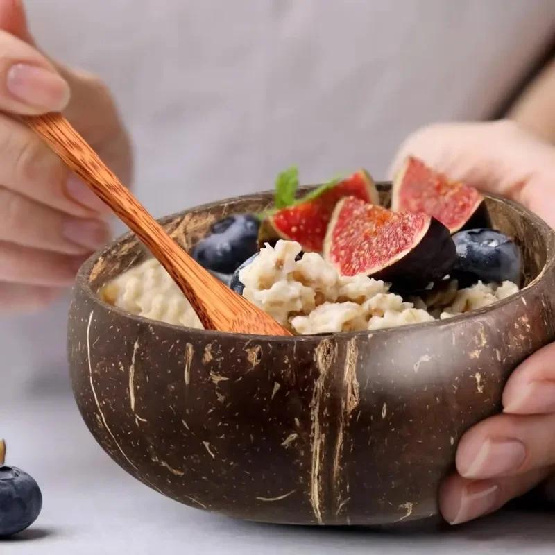 Natural Coconut Shell Bowl,Wooden Spoon and Bowl Set,Yogurt Bowl Fruit Salad Milkshake Kitchen Tableware