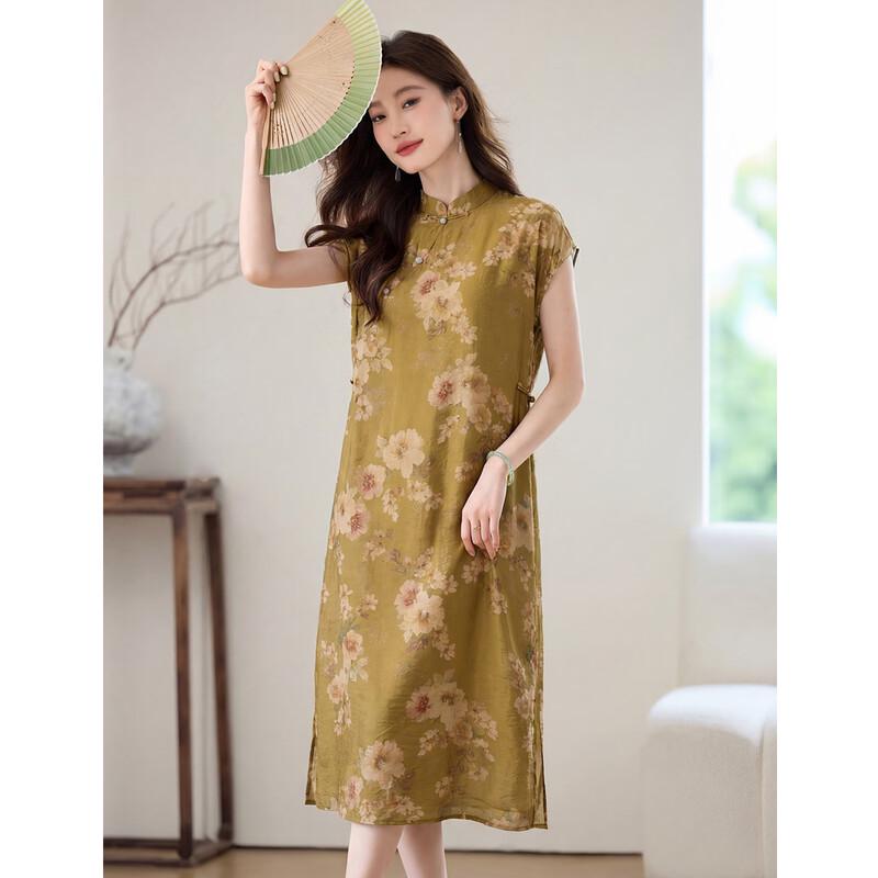 Elegant Retro Chinese Style Pleated Midi Dress L