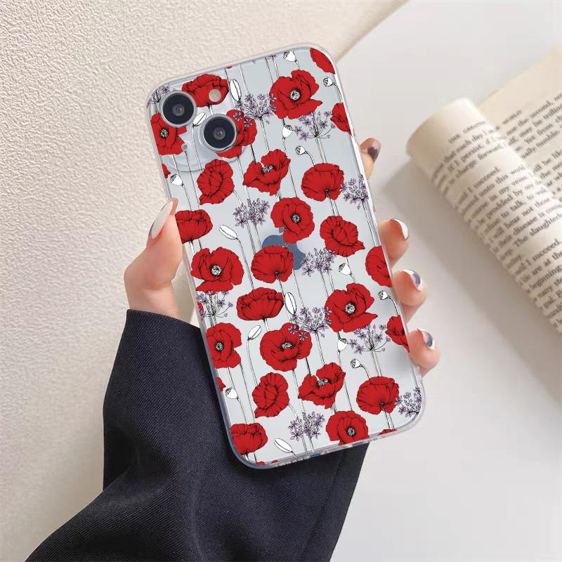 Poppy Flower Bloom Hot Red Clear Case For iPhone 15 11 14 Pro Max 12 13 Pro Max Mini XS X XR SE 2020 7 8 Plus Transparent Cover