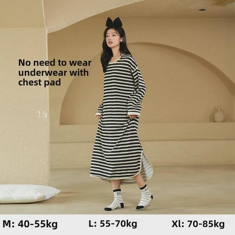 "High-End Striped Long-Sleeve Nightdress with Chest Pad for Women - Over-the-Knee, Large Size, Cotton, Spring to Summer"