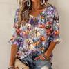 Women's Halloween Print Round Neck Tie Front Ruffle Blouse Three-Quarter Sleeves