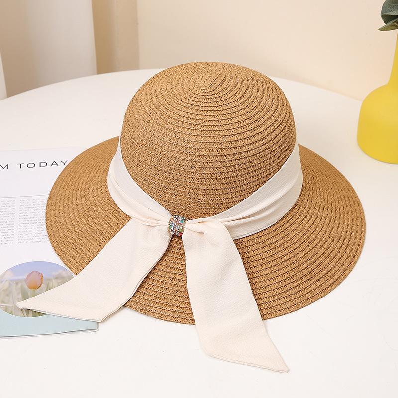 Women's Wide Brim Straw Sun Hat with Elegant Black Bowknot, Solid Color Beach Hat for Summer Travel, Classic Outdoor UV Protection