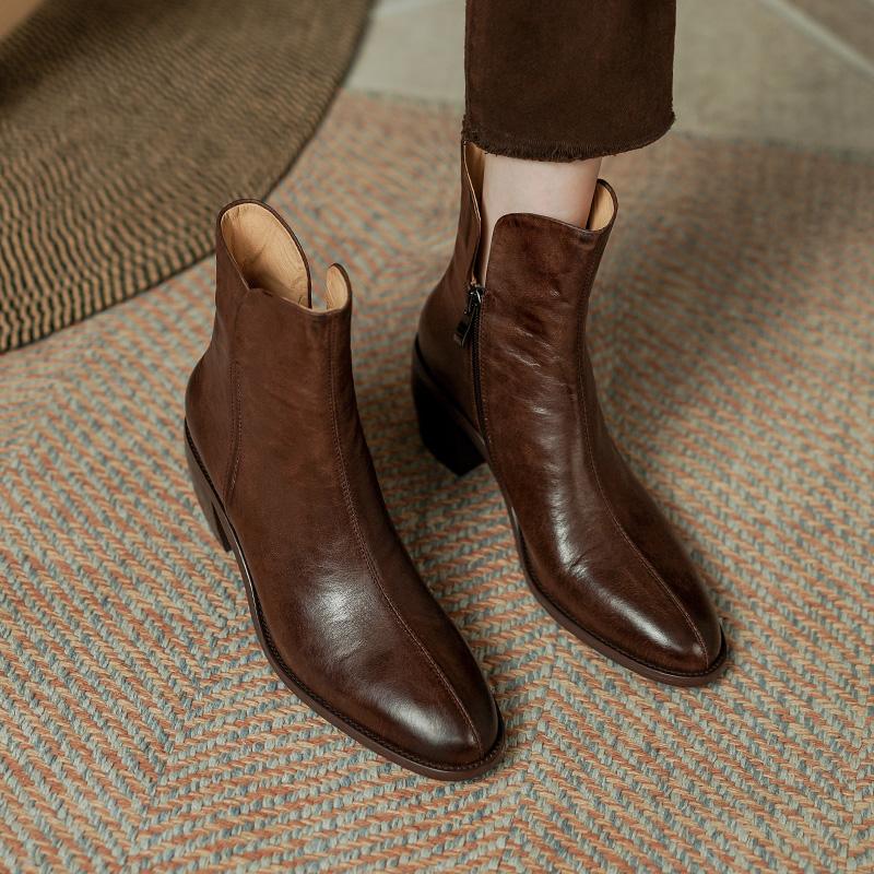 2024 Autumn Women Ankle Boots Round Toe Women Boots Winter Western Boots Genuine Leather Leather Shoes Office Lady Shoes Retro