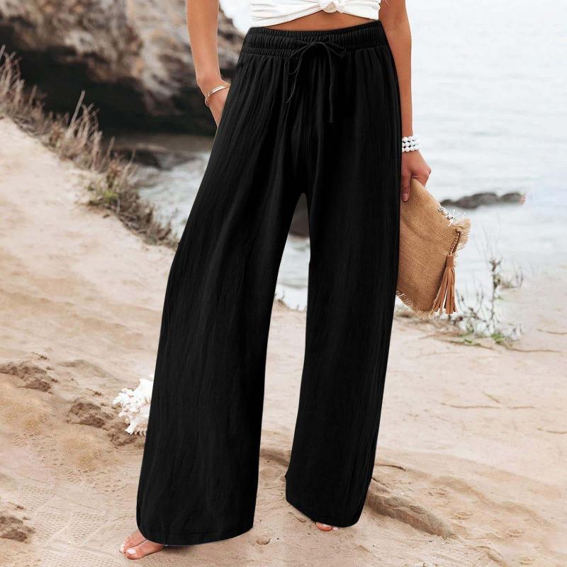 Damen Leinenhose Hohe Taille Weiter Bein Palazzo Hose Unterteil Einfarbig Jogginghose Freizeit Jogger
