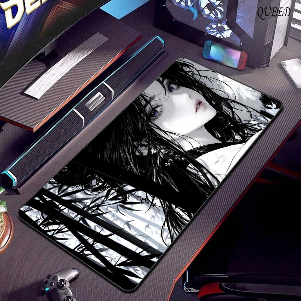 Black White Anime Girl Mouse Pad Large Gaming NonSlip Cool Mousepad Keyboard Pad Laptop Computer DeskMat Lock Edge Mouse Carpet