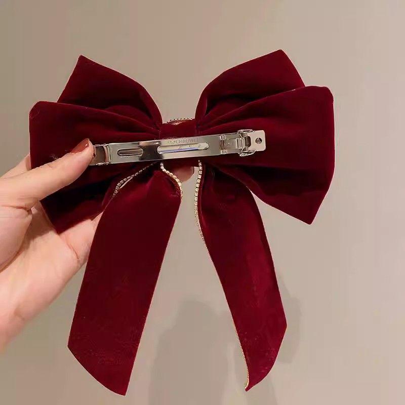 Red Bow Pearl Hair Clip: Autumn & Winter Princess Style, Bridal Toast, New Year Headwear