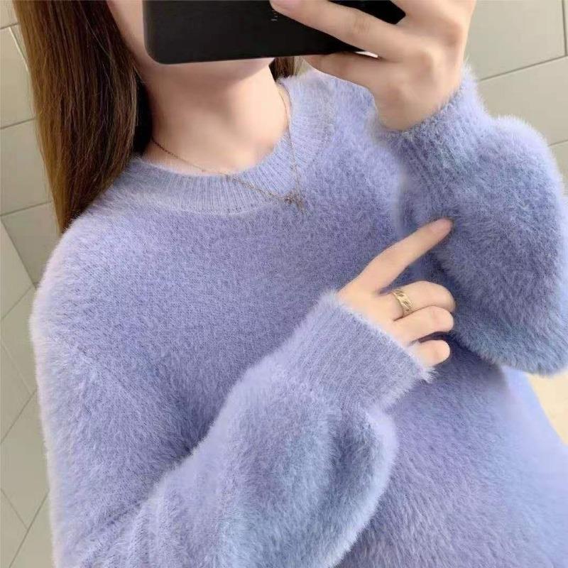 Zimowe swetry z wełny imitującej norki, ciepłe, polarowe, jednokolorowe, damskie, elastyczne, swobodne, z okrągłym dekoltem i długimi bufiastymi rękawami, damskie, dzianinowe topy