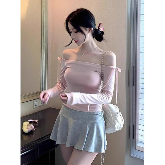 [Human Cotton Modal] One-word shoulder bow strap long-sleeved T-shirt women's slim short top pink