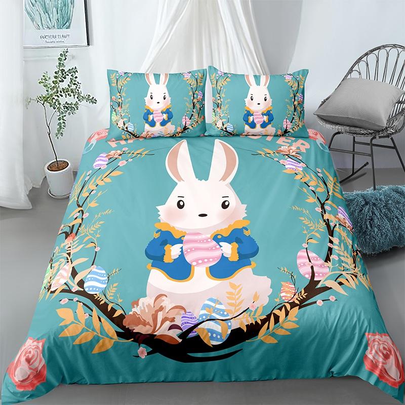 Cartoon 3D Rabbit Printed Bedding Set 2/3pcs Easter Duvet Quilt Cover Pillowcase for Home Bedroom Boho Decor Queen King Size