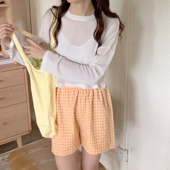 Schlafshorts mit hoher Taille und elastischem Bund, weite Beintaschen, weicher Karomuster, lockere Passform, Pyjama-Shorts, Homewear