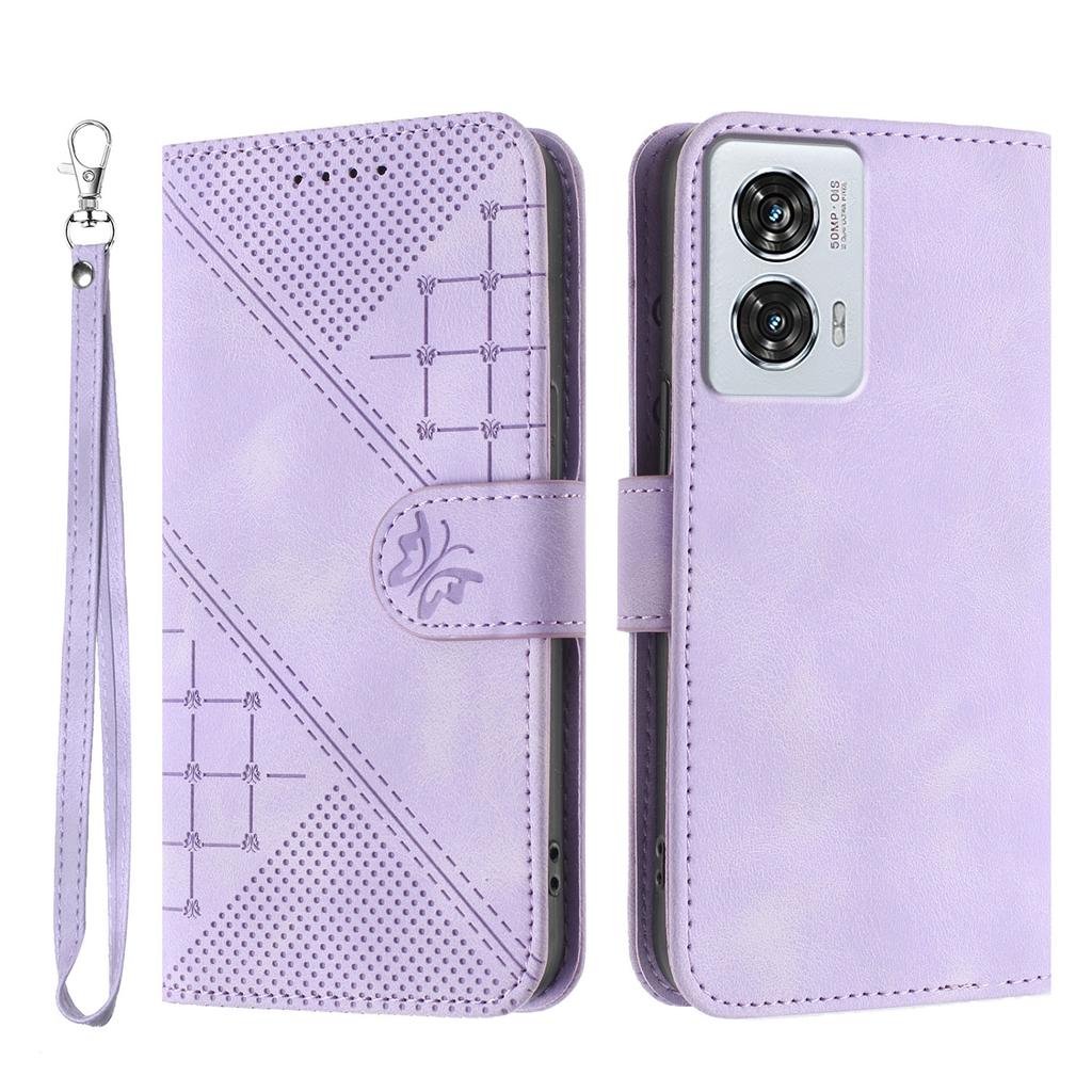 For Motorola Edge 50 Fusion 5G Leather Wallet Case Butterfly Flower Imprinted Phone Cover with Strap