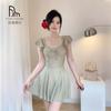 Seaside One-piece Swimsuit Women's High-end Flying Sleeves Square Collar Slimming Conservative Skirt Solid Color Small Chest Gathers Slightly Fat