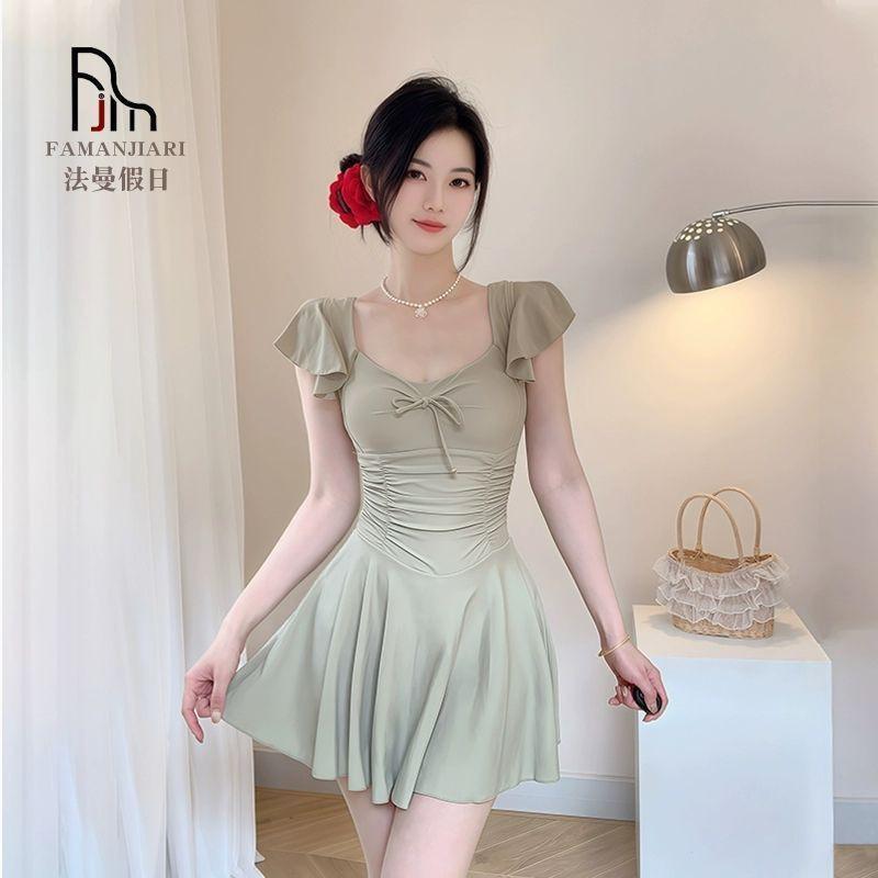 Seaside One-piece Swimsuit Women's High-end Flying Sleeves Square Collar Slimming Conservative Skirt Solid Color Small Chest Gathers Slightly Fat